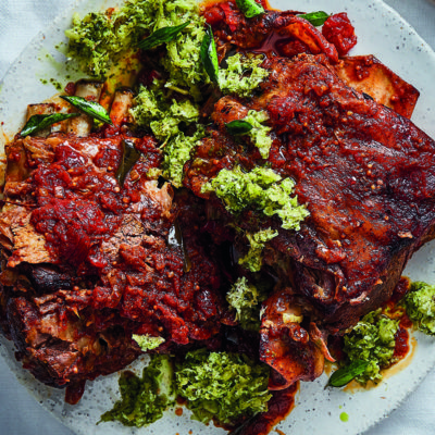 Roast rogan josh lamb shoulder with pineapple salsa