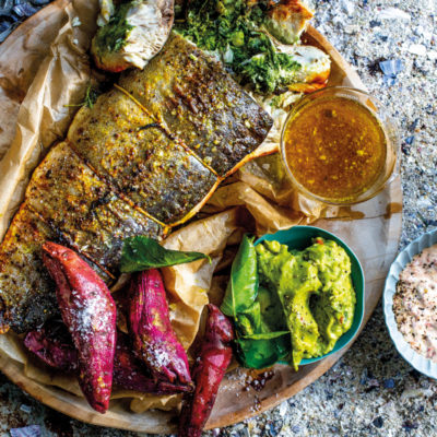 Yellowtail with coriander pesto and two sauces