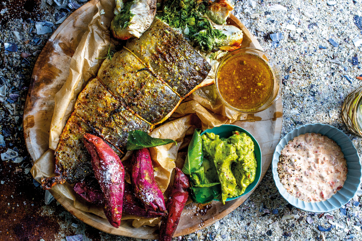 Yellowtail with coriander pesto and two sauces