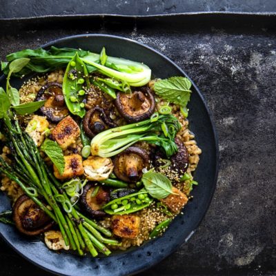 Miso barley risotto with charred tofu and greens