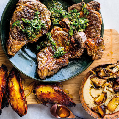 Braaied rib-eye steak with salsa verde