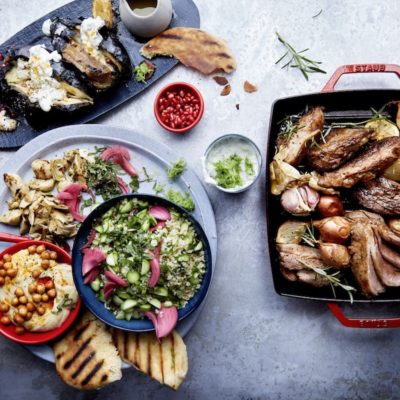 Roast lamb with Middle Eastern tapas