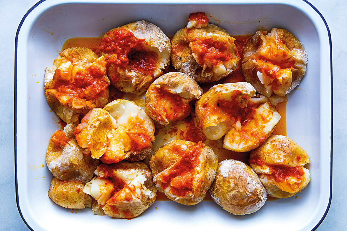 salt baked potatoes with harissa butter