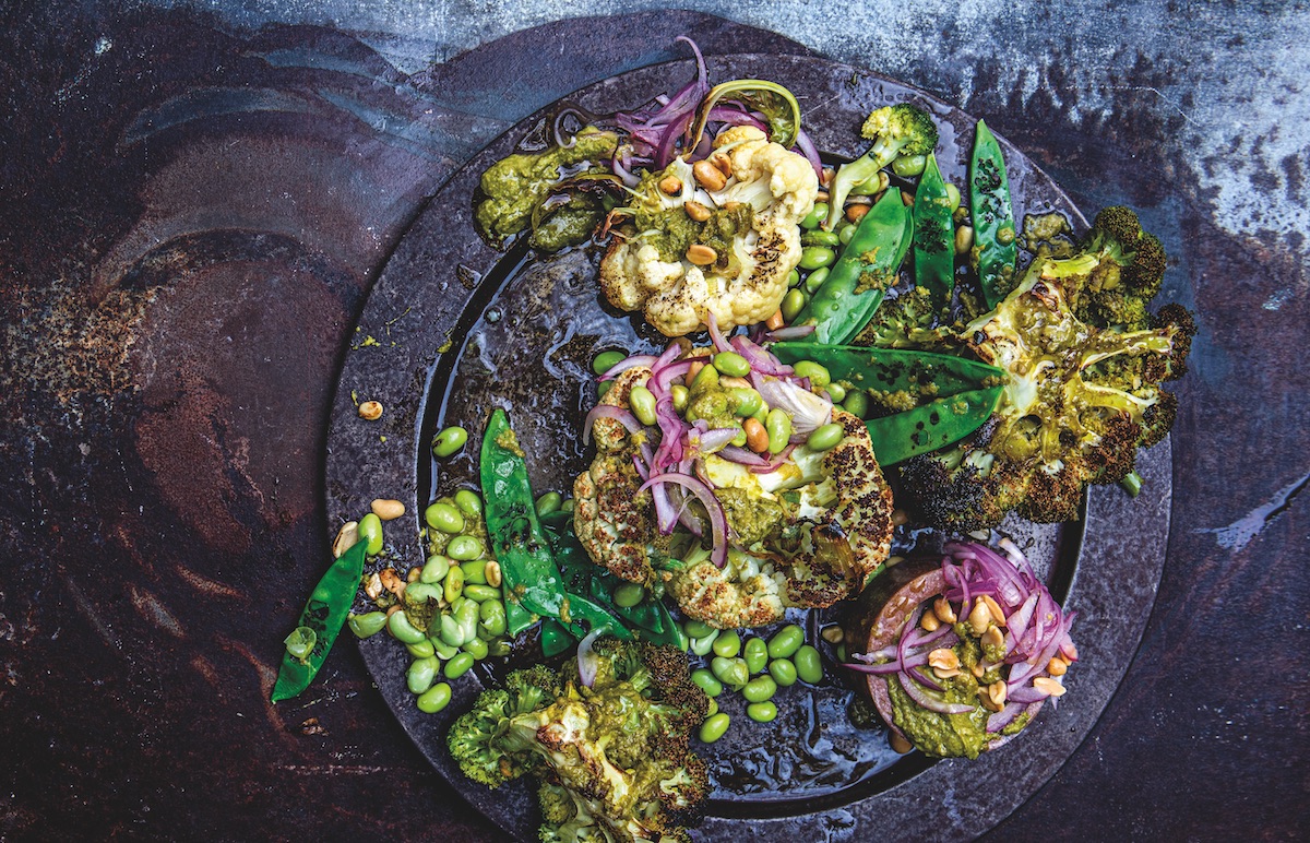 charred cauliflower and broccoli with Thai green curry butter