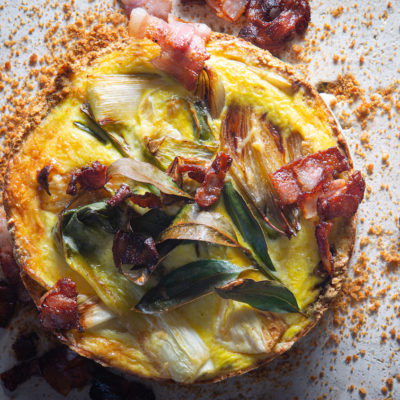 Onion-and-leek quiche with pretzel base