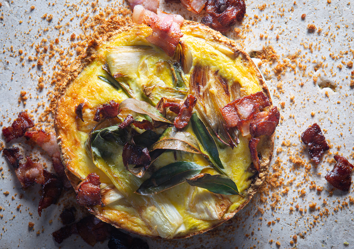 onion and leek quiche with pretzel base