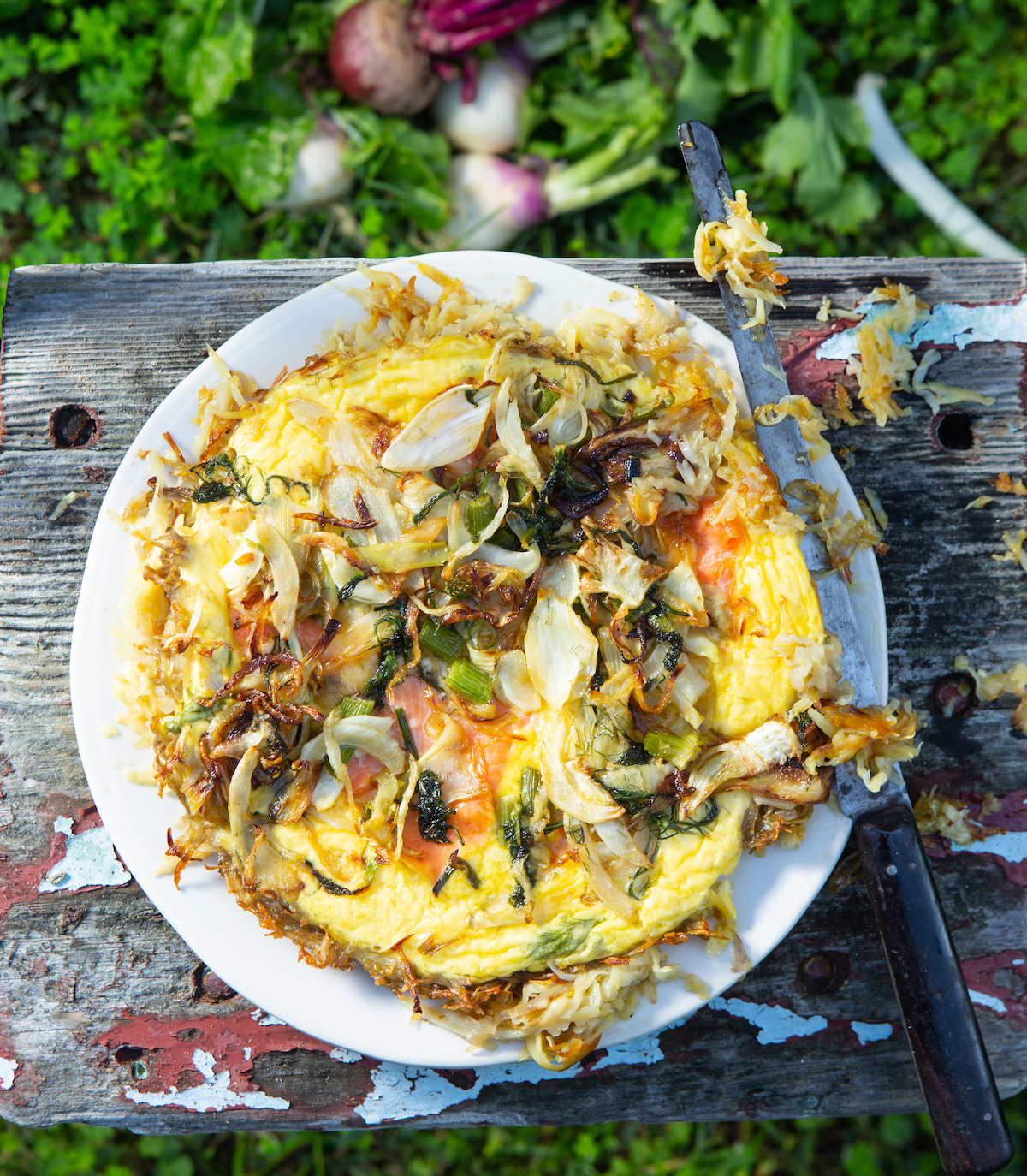 rosti quiche with hot smoked trout and horseradish cream