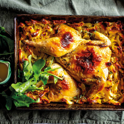 Roast chicken pasta tray bake