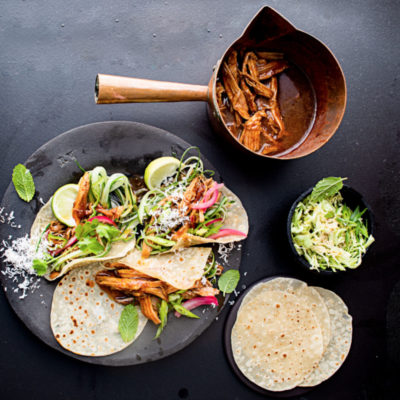 Sticky pulled pork shoulder with tortillas