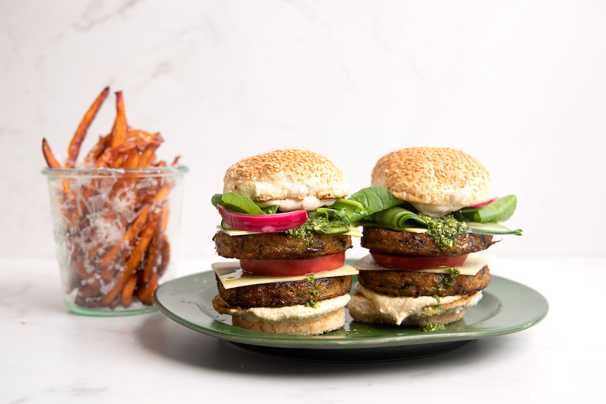 loaded-veggie-burgers-with-sweet-potato-fries