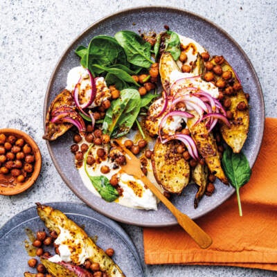 Roast sweet potato with crispy harissa chickpeas