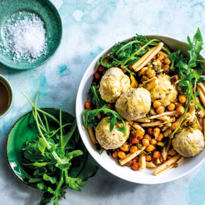 Chicken dumplings on baked chickpeas