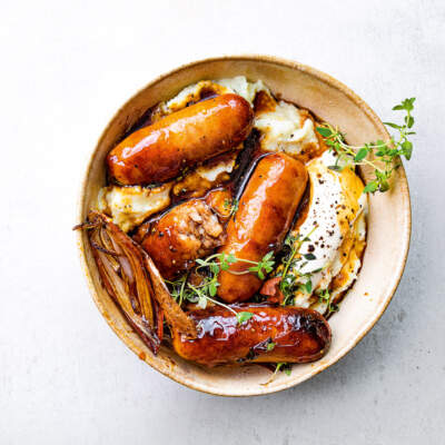 Balsamic pork sausages with cauli-mash