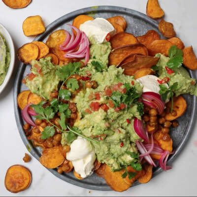 The ultimate guacamole + crispy sweet potato 'nachos'