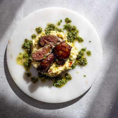 Ipapa nezinso (Creamy braaipap with lamb kidney and chimichurri)