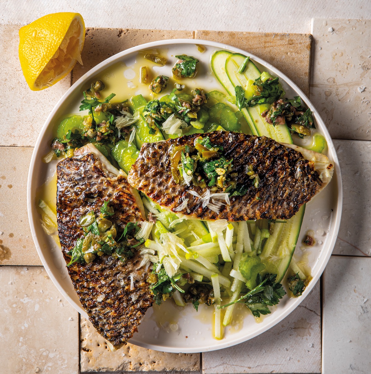 chimichurri fish with apple and baby marrow slaw