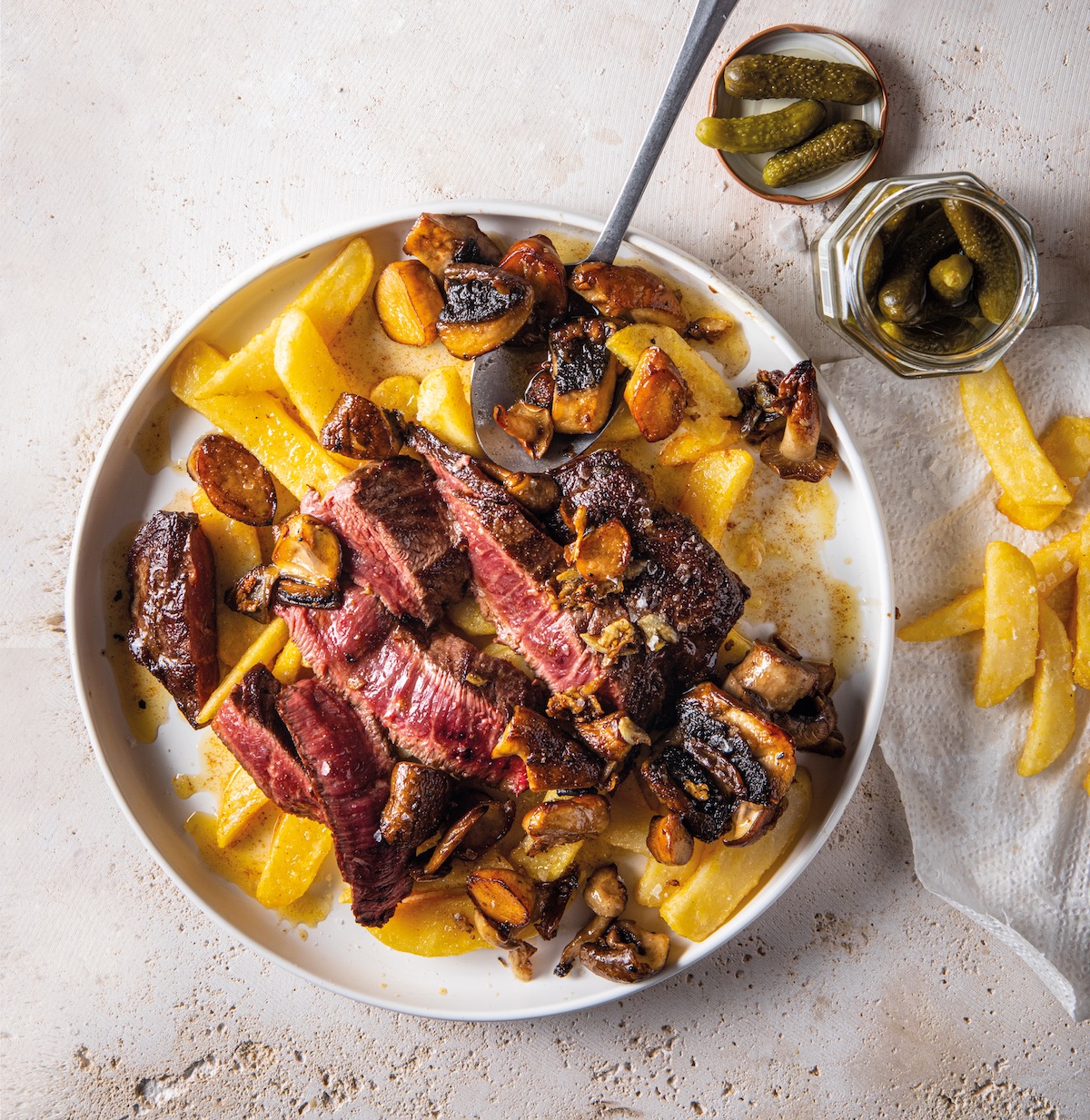 oyster steaks with mushroom butter and chips