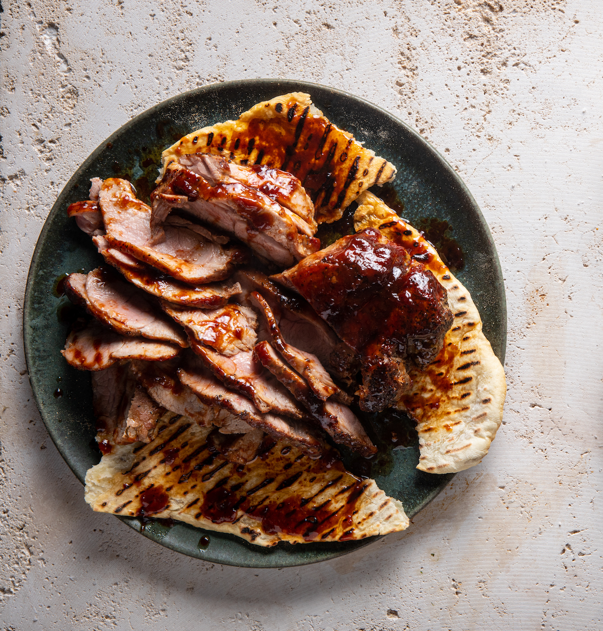 smoky pork ribeye steaks with flatbreads