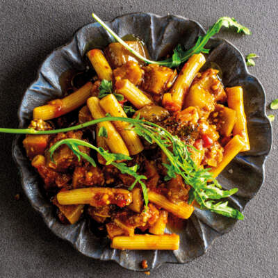 Spicy brinjal with lentil pasta