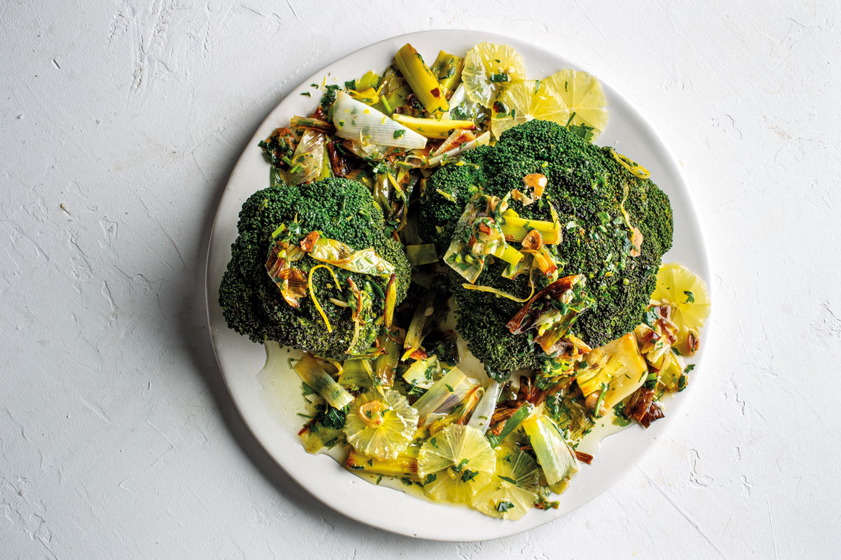 WHOLE ROAST BROCCOLI WITH LEEK, GARLIC AND LEMON OIL