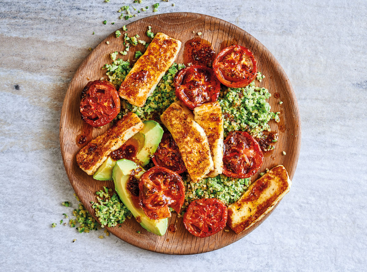 BROCCOLI AND BULGUR WHEAT WITH SPICY HALLOUMI, AVO AND HONEY-ROASTED TOMATOES