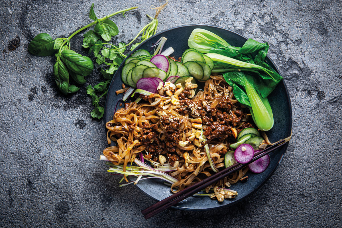 PORK SATAY PAD THAI WITH QUICKCUCUMBER-AND-RADISH PICKLE