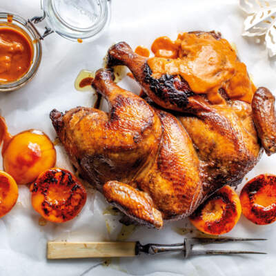 Roast chicken with peach hot sauce