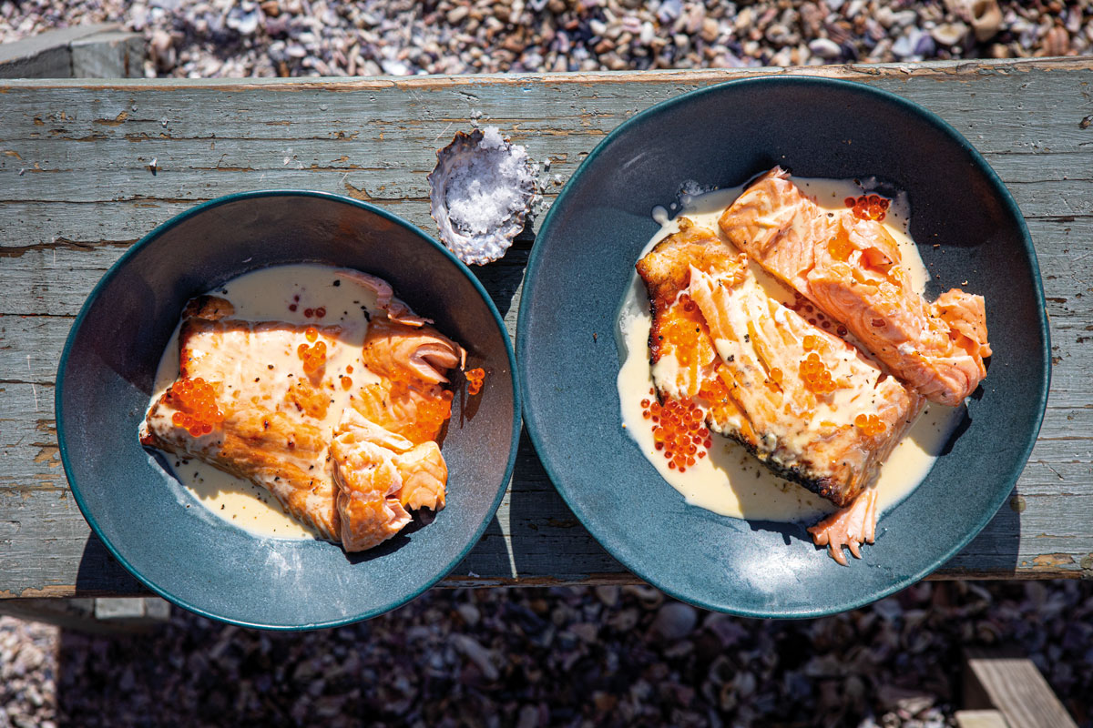 MAPLE-SMOKED SALMON WITH LEMON CREAM AND TROUT PEARLS