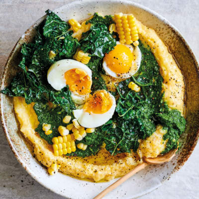 Soft-boiled eggs with creamy polenta