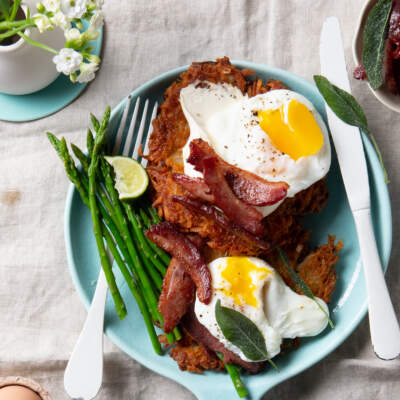 Potato rosti and duck rashers breakfast