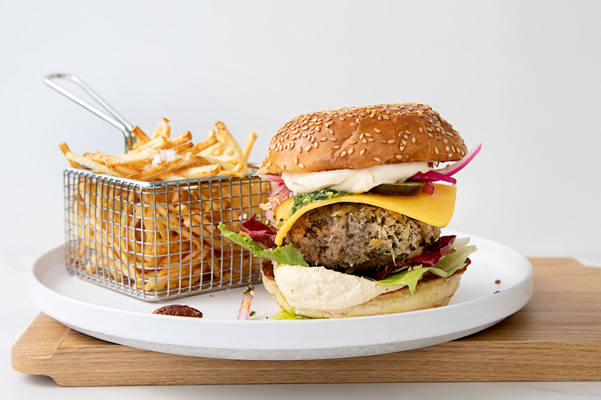 The ultimate crumbed and stuffed mushroom burger