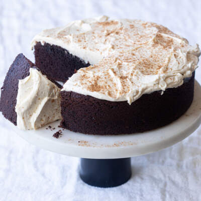 Chocolate lager cake with hot cross bun cream cheese icing