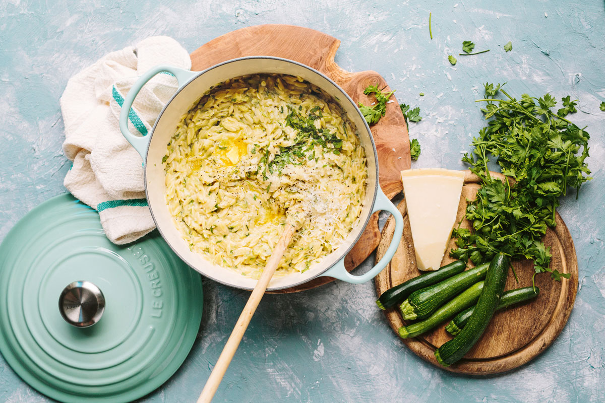 One-pot buttery orzo with leeks, baby marrows and Parmesan