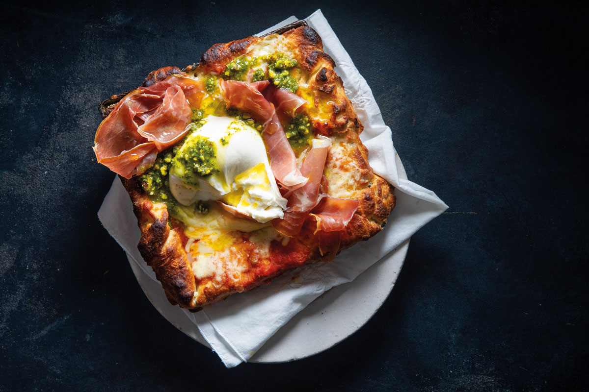 CHUNKY PAN PIZZA WITH BURRATA AND PISTACHIO PESTO