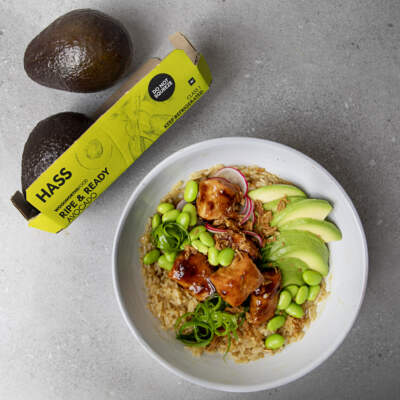 Creamy avocado and trout, coconut rice bowls