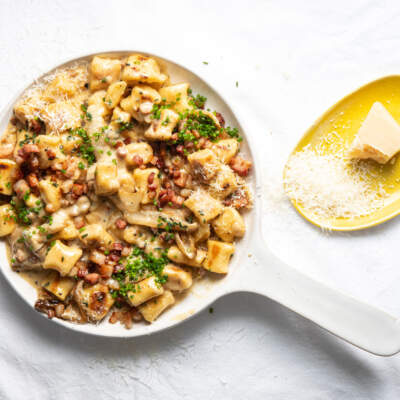 Gnocchi with crispy pancetta and creamy shallots