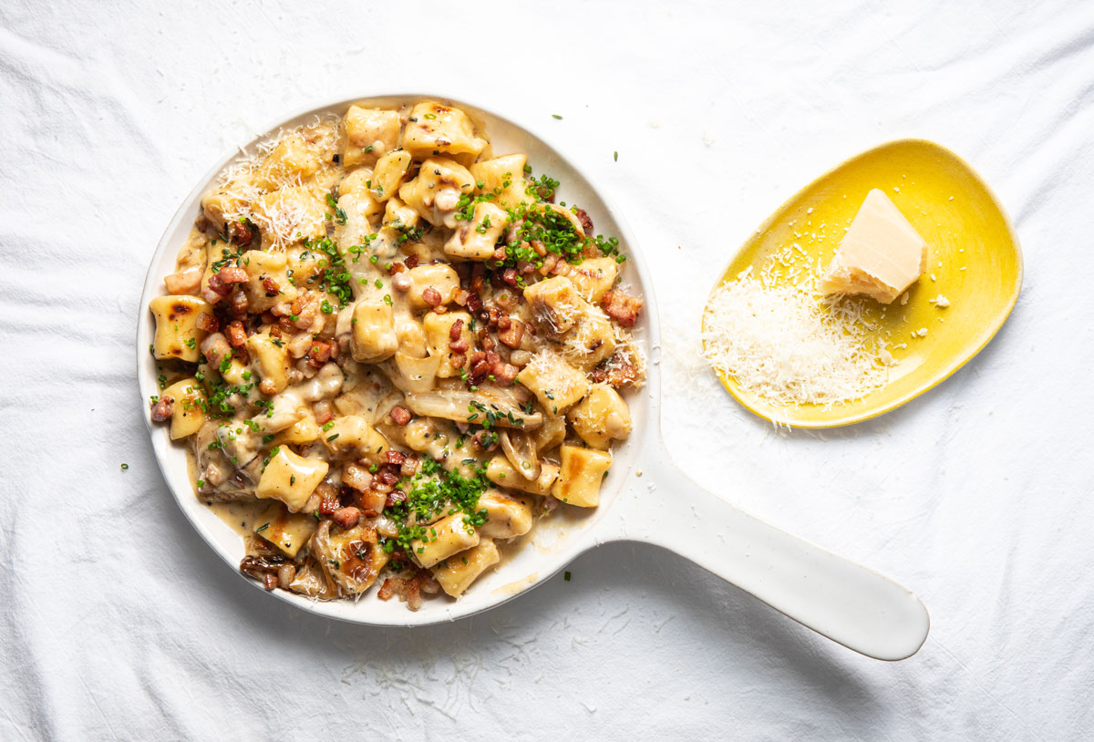 Gnocchi with crispy pancetta and creamy shallots