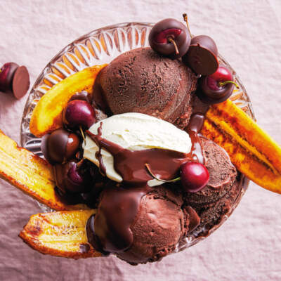 Plantain split with chocolate sorbet