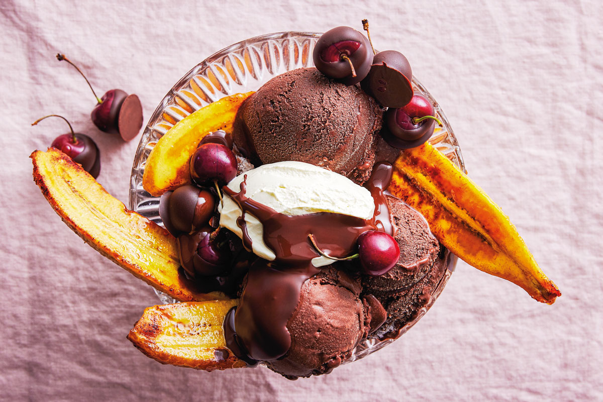 Plantain split with chocolate sorbet