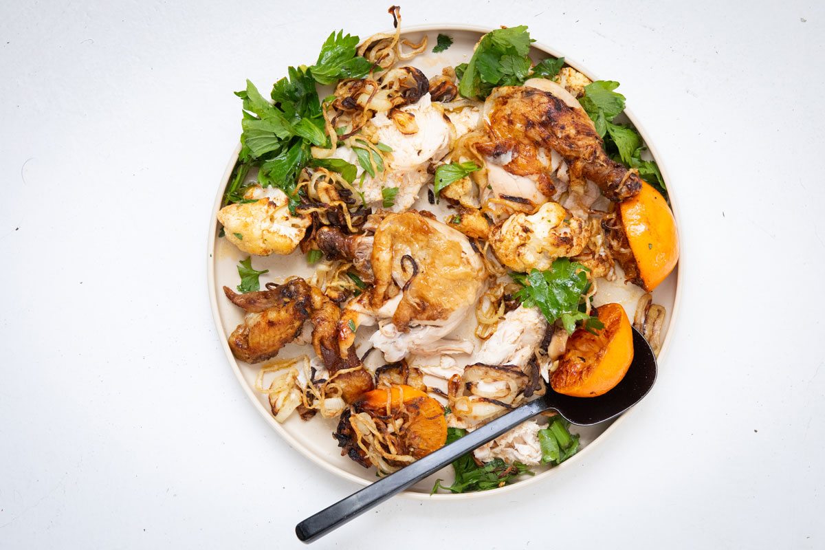 Air-fryer citrus chicken with crispy onions and warm cauliflower salad