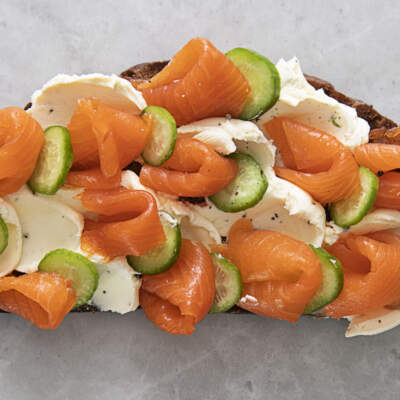 Zesty black pepper cream cheese and cold-smoked trout toasts