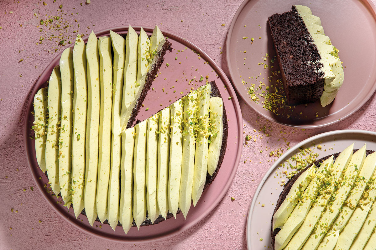 dark chocolate chickpea cake with salted pistachio cream