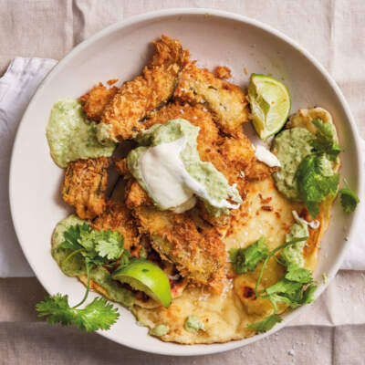 Deep-fried pickles on flatbread