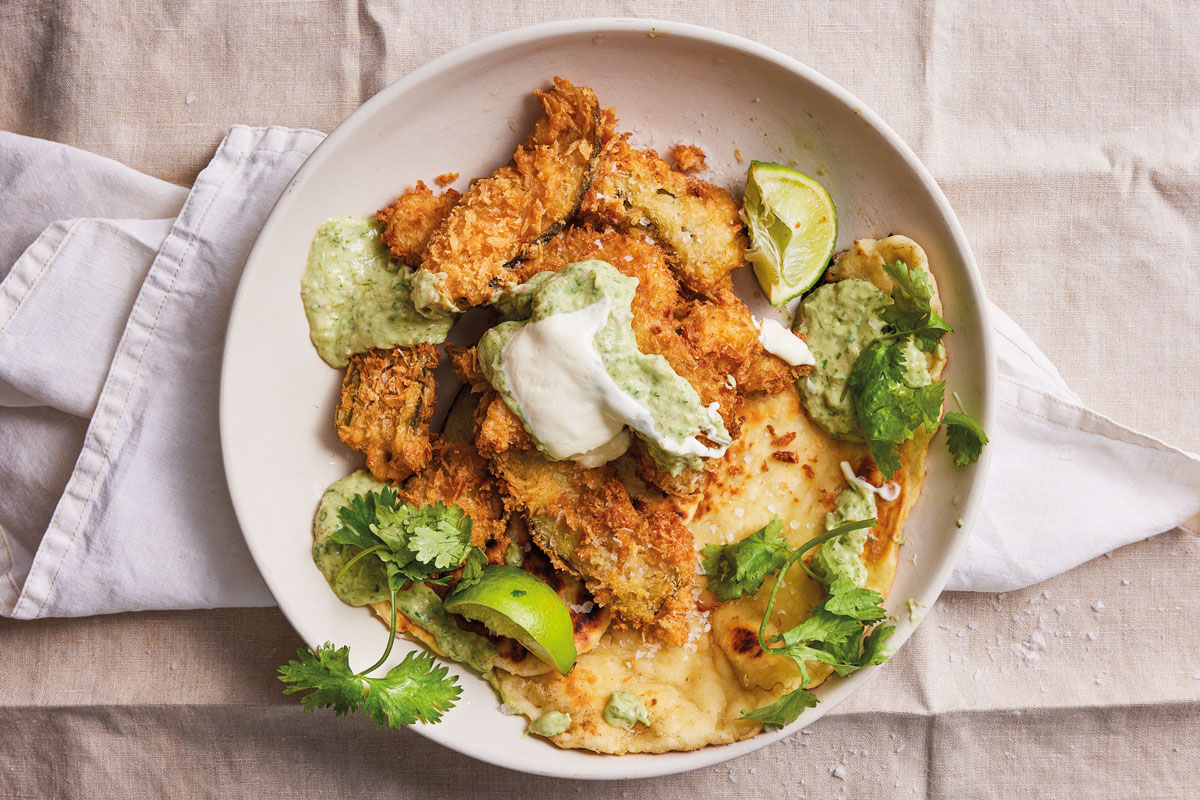 Deep-fried pickles on flatbread