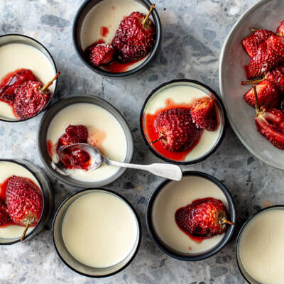 Buttermilk panna cotta with slow-roast strawberries