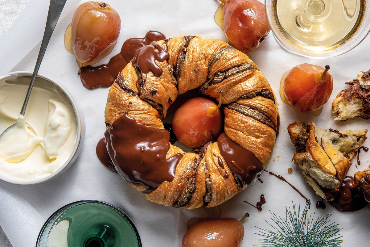 CHOCOLATE HAZELNUT CROISSANT WREATH WITH BRANDY-POACHED PEARS AND CRÉME FRAÎCHE