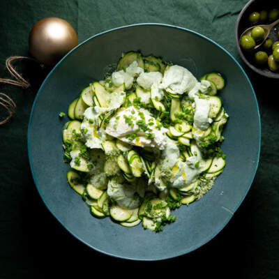 Raw baby marrow salad with basil sauce