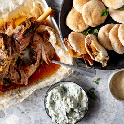 Slow-roasted leg of lamb with tahini sauce