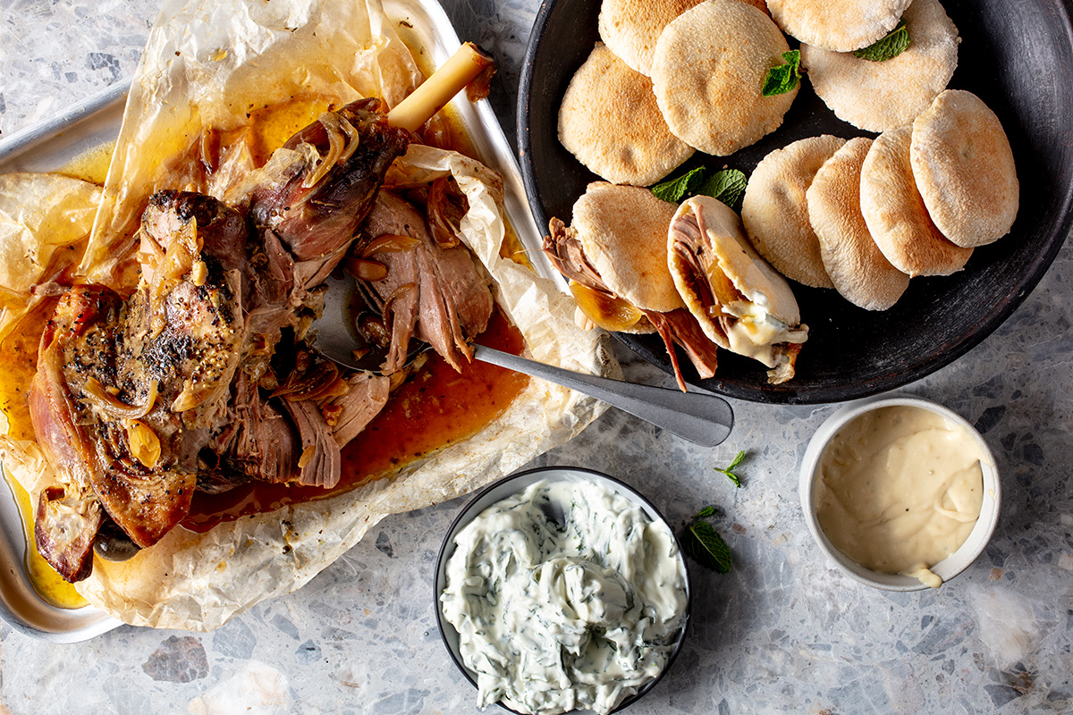 Slow-roasted leg of lamb