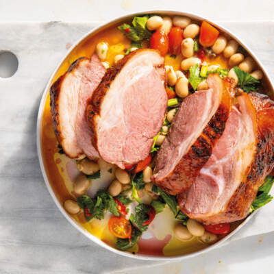 Pork shoulder with butter bean salad